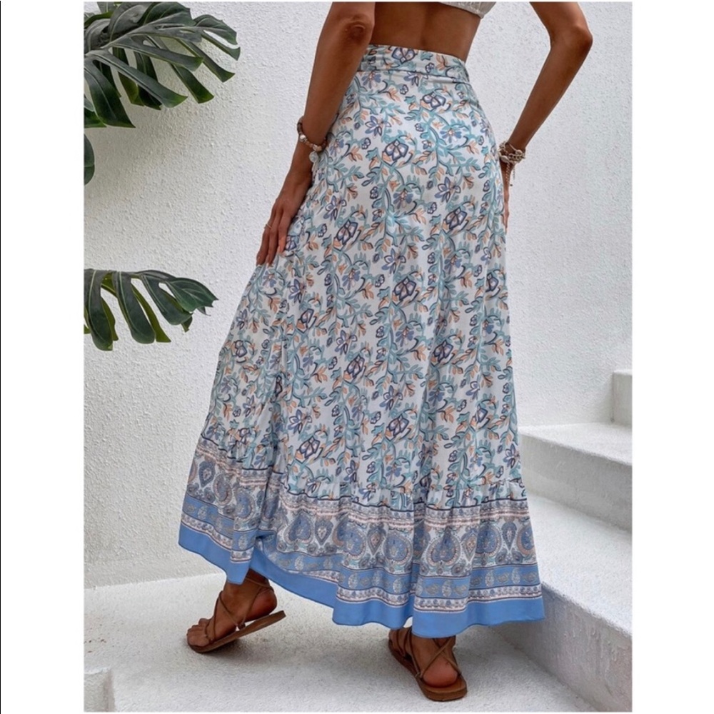 Boho Blue Floral Print Ruffle Wrap Maxi Skirt - Picture 3 of 11